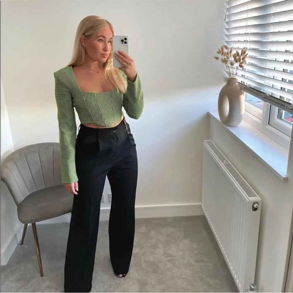 Zara Houndstooth Corset Cropped Top Bloggers Favorite Neon Green Black Small